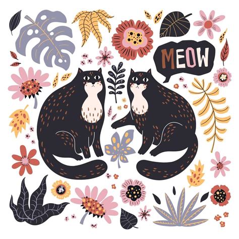 Vector flat hand drawn illustrations. Cute cats with plants and flowers ...