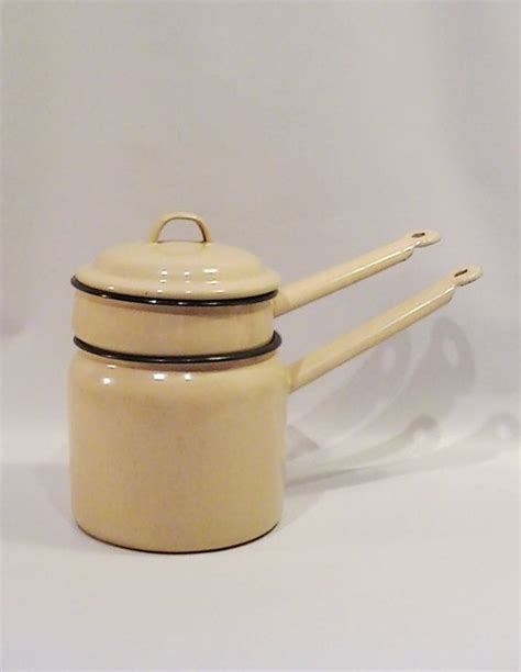 Enamel Double Boiler Taupe And Black Trim Poland Made Etsy Black