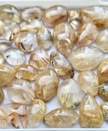 Pear Seen As Picture Natural Golden Rutile Mix Shape Gemstone Cabochon