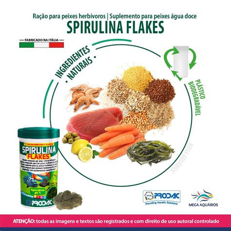 Ração peixes Prodac Spirulina flocos 50g imunidade cor Mega Aquários