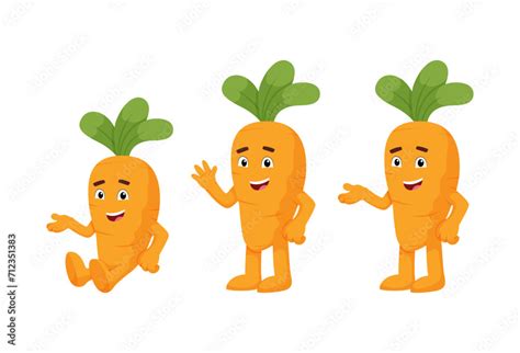 Cute Carrot Cartoon Character Set Carrot Waving Hand Sitting And