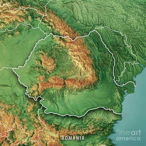 Romania 3D Render Topographic Map Color Border Digital Art by Frank ...