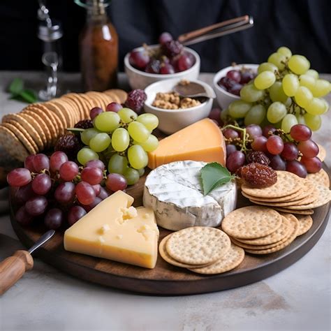 Premium AI Image | Cheese platter with grapes crackers and crackers on ...