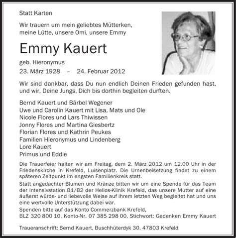 Alle Traueranzeigen F R Emmy Kauert Trauer Rp Online De