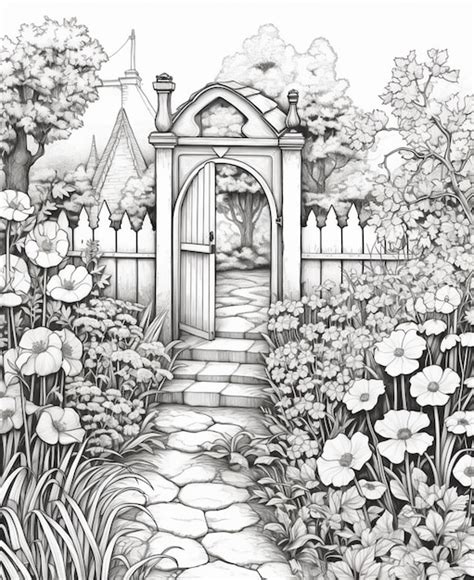 Premium Photo | A drawing of a garden with flowers and a gate generative ai