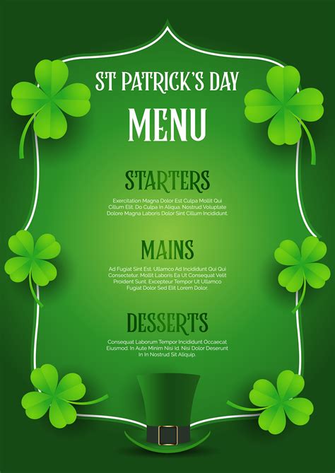 St Patrick S Day Menu Design With Top Hat And Clover 342673 Vector Art