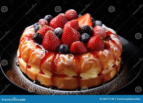 Tasty Cake With Fruits Close Up Homemade Cake With Fruits Yummy Delicious Dessert Stock