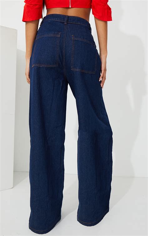 Indigo Wash Wide Leg Jeans Denim Prettylittlething Ca