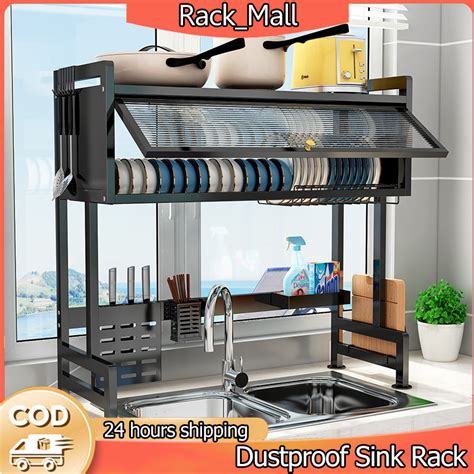 Rak Pinggan Mangkuk Bertutup Stainless Steel Dish Drainer Rack Kitchen