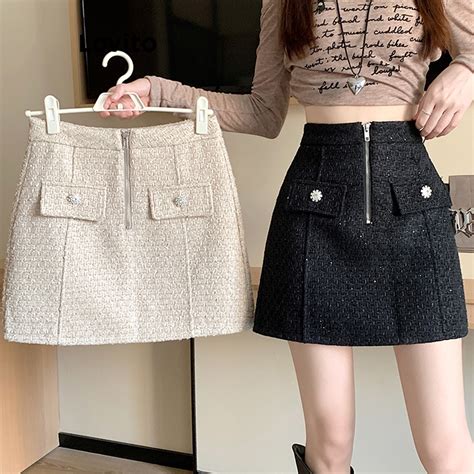 Lovito Women Casual Plain Zipper Fake Pocket Rhinestone Skirts Lne