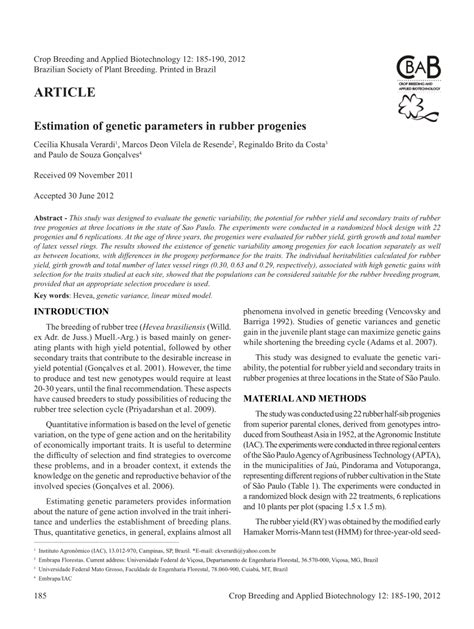 Pdf Estimation Of Genetic Parameters In Rubber Progenies