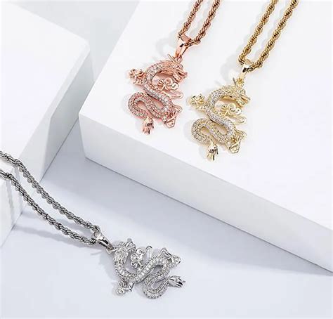 Collier Pendentif Dragon Chinois Glac En Or Carats Cz Bling