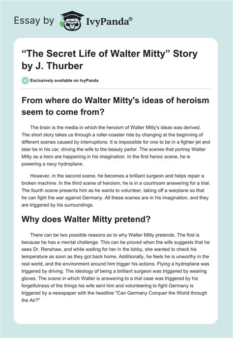 The Secret Life Of Walter Mitty Story By Thurber 626 Words Assessment Example