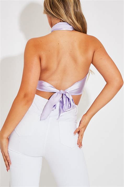 Lilac Satin Bandana Halterneck Crop Top Charlise Rebellious Fashion