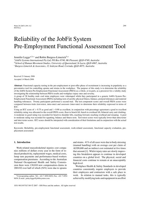 Pdf Reliability Of The Jobfit System Pre Employment Functional