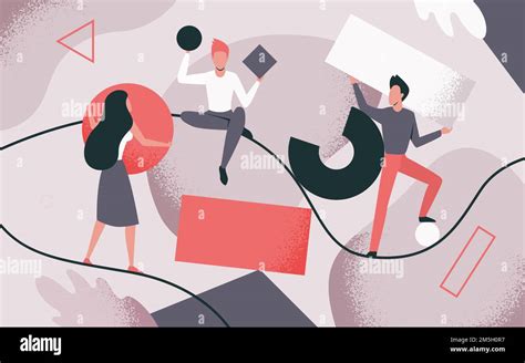 People Collect Scattered Abstract Geometric Shapes Teamwork Vector