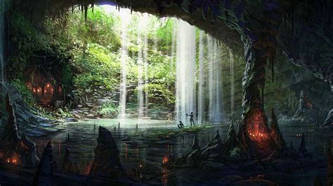 Wallpaper X Px Cave Fantasy Underground Waterfall