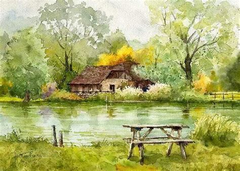 Watercolor Landscape Forest Stream River Water House Watercolor