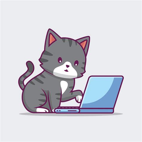 Cute cat working on laptop cartoon illustration 9471145 Vector Art at ...