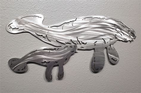 Metal Manatee with Calf Aluminum Wall Art, Sea Cow Coastal Decor, Beach