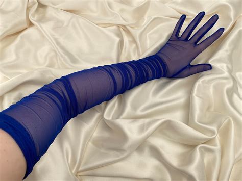 Ruched Royal Blue Extreme Length Over Elbow Length Semi Sheer Gloves