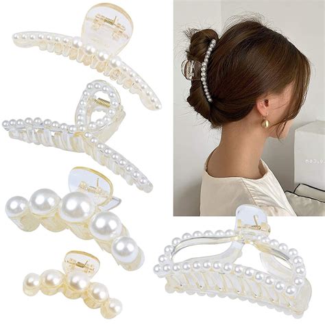 5 Pcs Large Pearl Hair Claw Clips White Black Hair Clips Thick