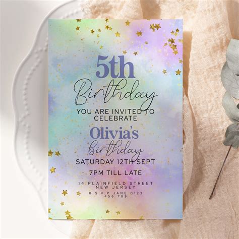 Editable 5th Birthday Invitation Watercolur Pastel Rainbow Printable Fith Birthday Invite