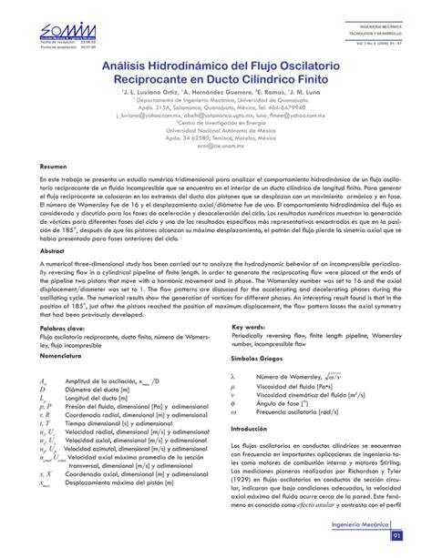 An Lisis Hidrodin Mico Del Flujo Oscilatorio Reciprocante En Ducto