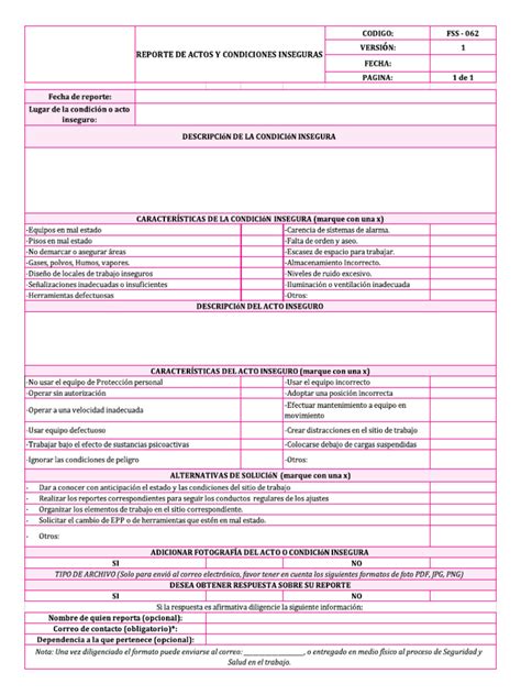 Formato Reporte De Actos Y Condiciones Inseguras Pdf