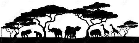 Silhouette African Safari Animal Landscape Scene Stock Vector | Adobe Stock