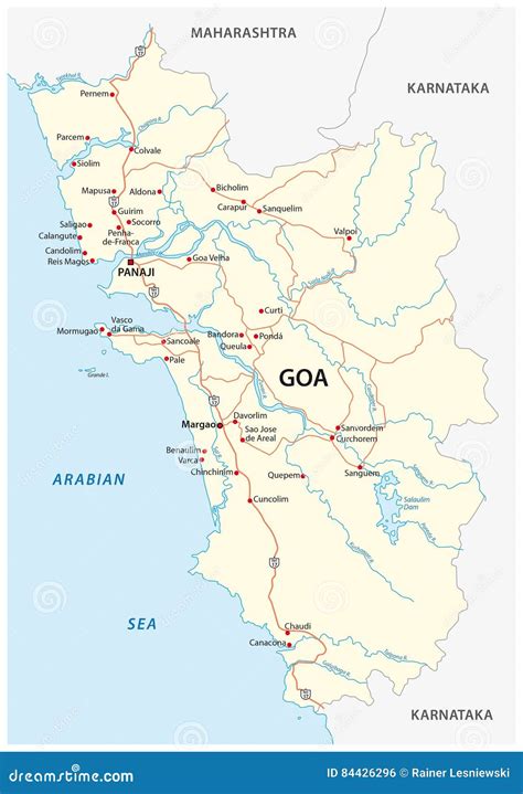 Road Map Of The Indian State Of Goa Stock Vector Illustration Of