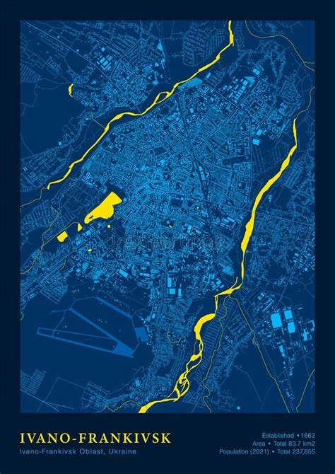 Ivano-Frankivsk Map Vector Poster Highly Detailed Map in Yellow Blue Colours Stock Vector ...