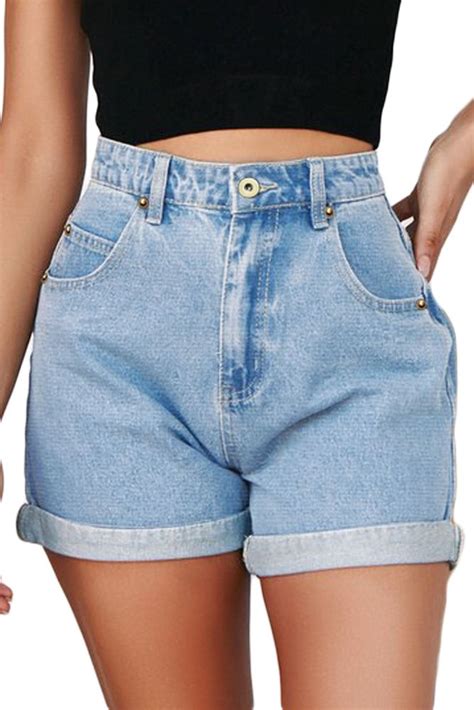 Sky Blue Vintage Denim High Waisted Folded Hem Jeans Shorts Jeans For