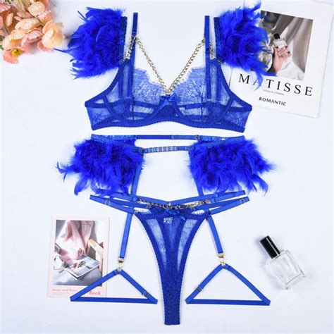 Feather Lace Piece Lingerie Set With Silver Chain Blue Etsy