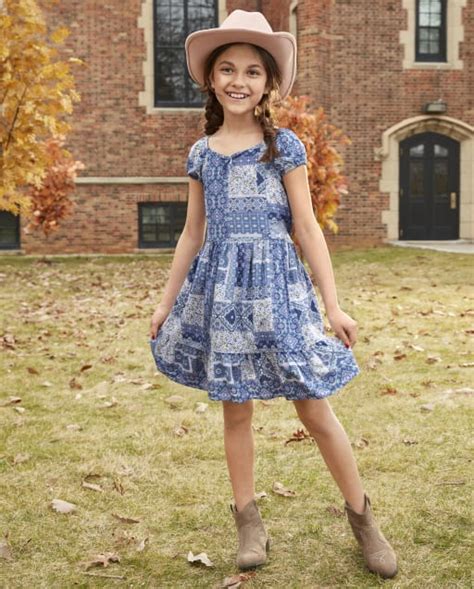 Girls Short Sleeve Patchwork Woven Ruffle Dress Sapphire Shore The