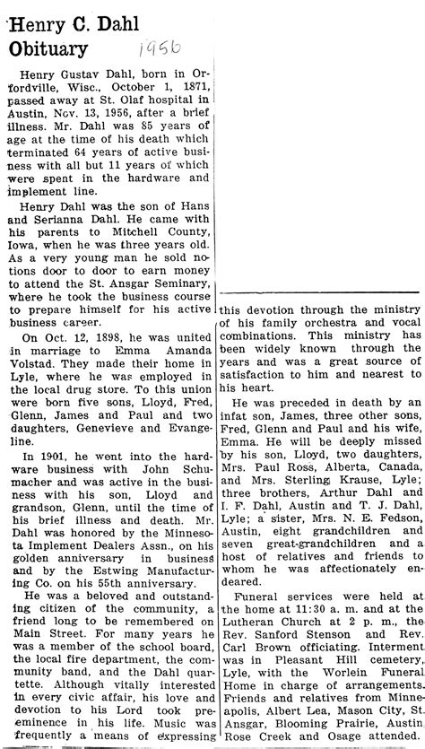 Henry G. Dahl Obituary | Lyle Historical Society