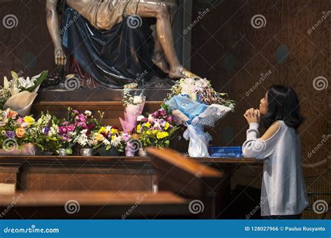 Young Woman Praying Near Church Altar Stock Photo - Image of female ...