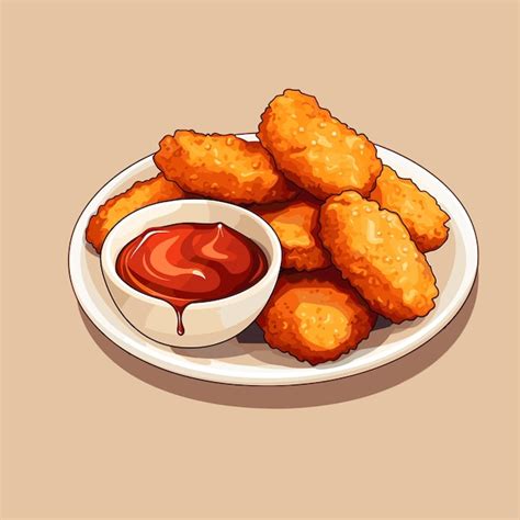 Nuggets de pollo frito crujiente en una ilustración de plato en un