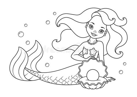 Mermaid with Pearl Coloring Page vector illustration Mermaid Coloring Pages, Coloring Pages For ...