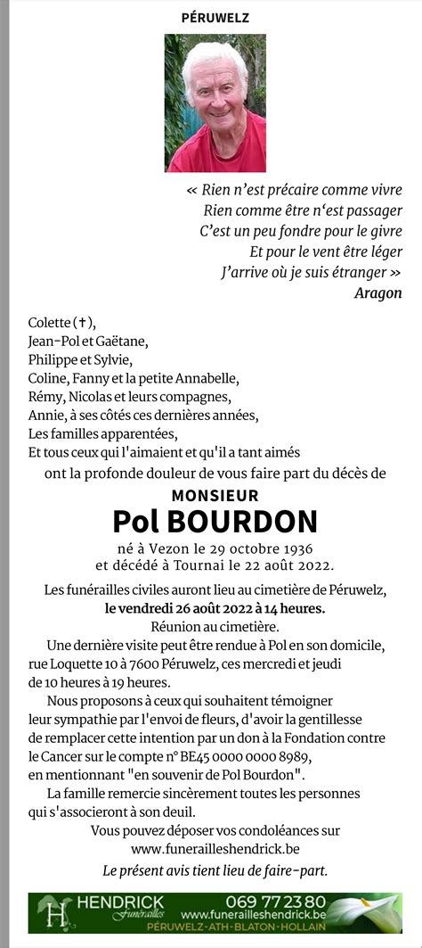 Pol Bourdon De Tournai Annonce De Décès Sur Enmemoire Be En Mémoire