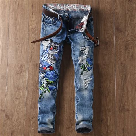 New Designer Embroidery Ripped Jeans Men Distressed Light Blue