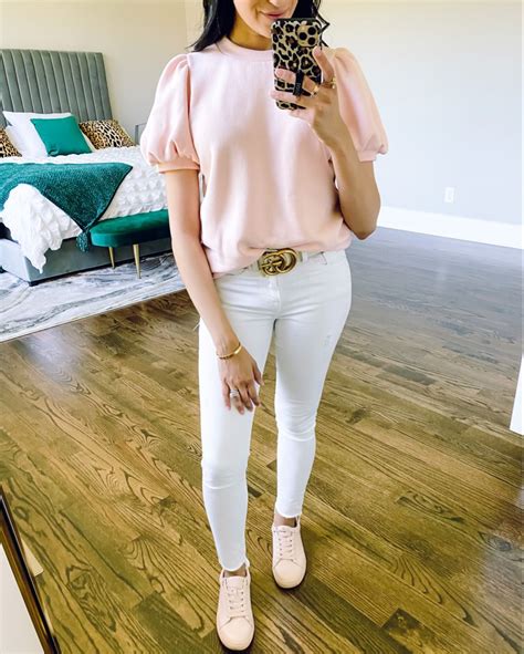 Blush Pink Top White Jeans White Pants Outfit Blogger Outfits Pink Top White Pants