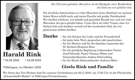 Traueranzeigen Von Harald Rink Saarbruecker Zeitung Trauer De