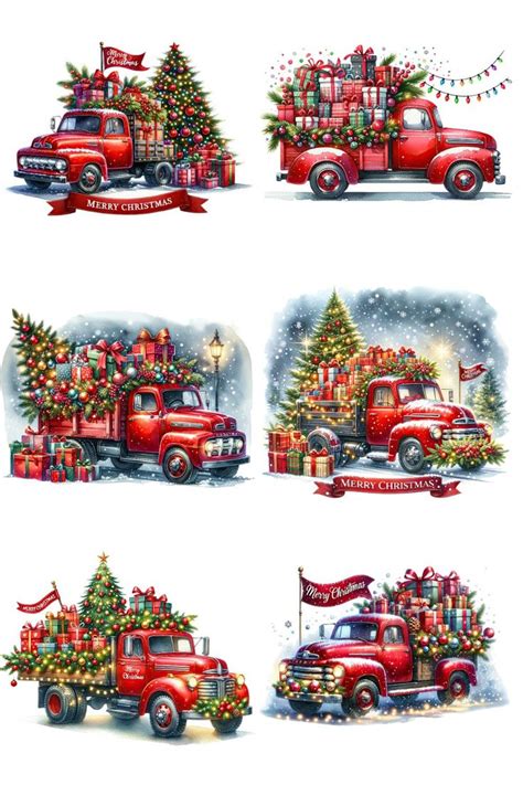 Four Red Trucks With Christmas Trees And Presents On The Back All In