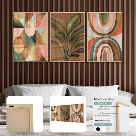 Kit Quadros Decorativos Tons Terrosos Boho Geom Trico Moldura Slim