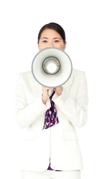 Attractive Businesswoman Yelling Through A Megaphone Communicate