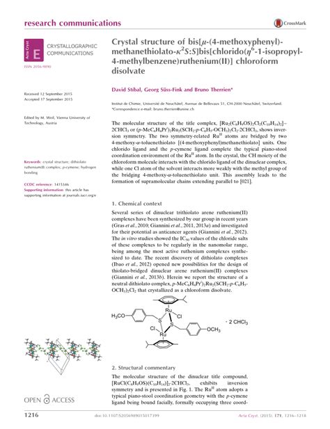 PDF Crystal structure of bis μ 4 methoxyphenyl methanethiolato