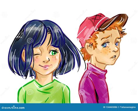 Colorful Cartoon with Funny Girl and Boy Stock Illustration ...