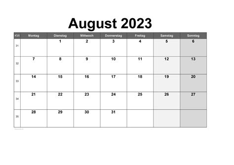 Kalender August 2024 zum Ausdrucken (PDF, XLS, PNG)