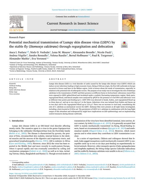 Stomoxys Calcitrans ) Through Regurgitation and Defecation - DocsLib